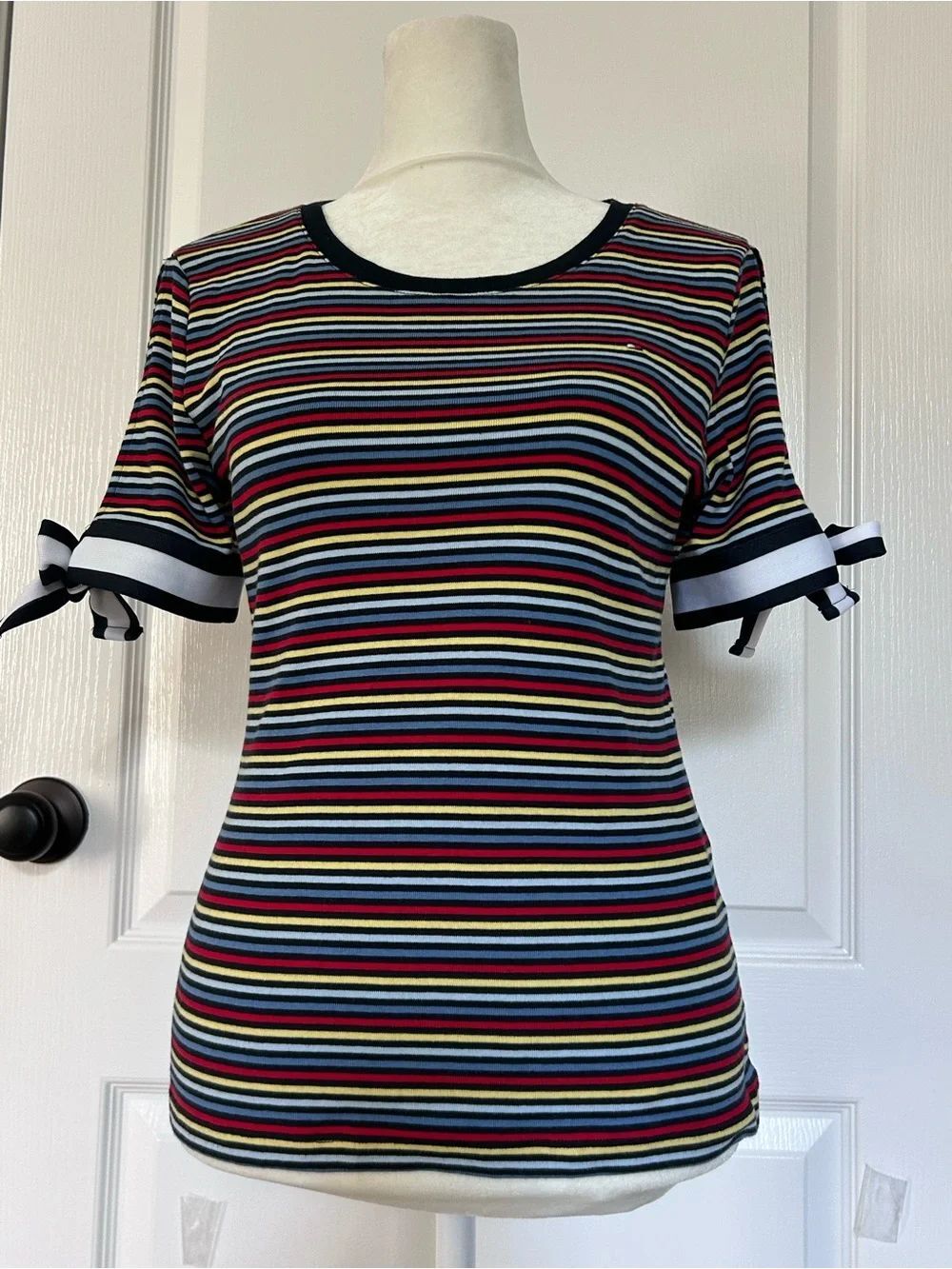 Tommy Hilfiger Multicolor Striped Tie-Sleeve Short Sleeve Tee 100% Cotton Small